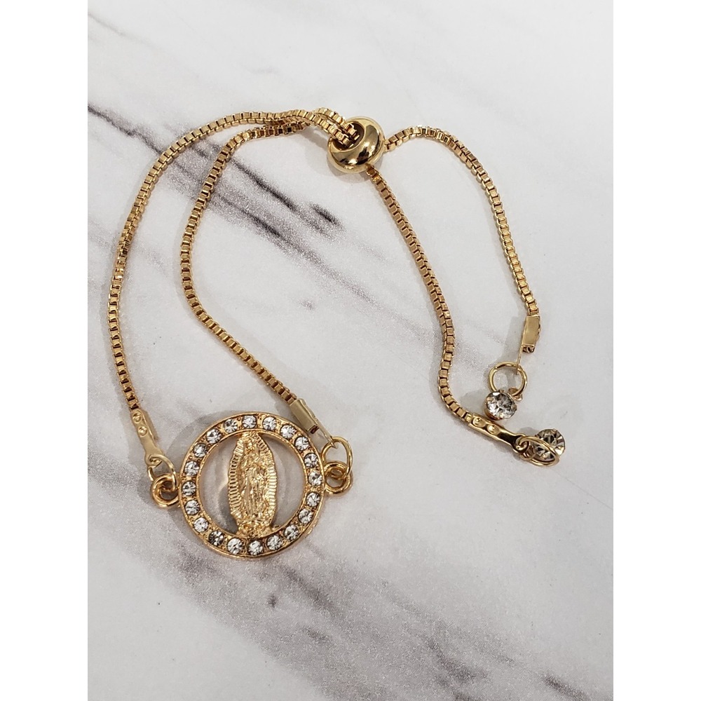 PULL STRING ADJUSTABLE Gold Tone Our Lady of Guadalupe Pendant Bracelet rhinesto